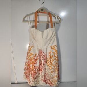 Tori Richard Cream and Orange Halter Dress, Size 12